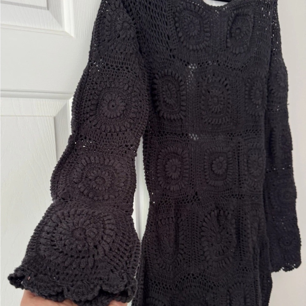 Anthropologie Bohemian Black Crochet Knit Long-Sleeve Midi Dress Large - Picture 9 of 12